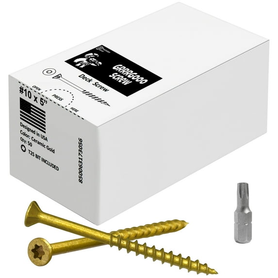 Decking Screws - #10, 5 Inch, Gold, 50 Pcs Long Star Head Wood to Wood Screws - Exterior Wood Screws for Outdoor Decking, Construction, Woodworking Projects & Furniture - Heavy Duty Deck Fasteners