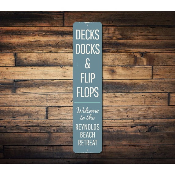 Decks Docks & Flip Flops Vertical Novelty Decor, Metal Wall Sign - 4x18 Inches