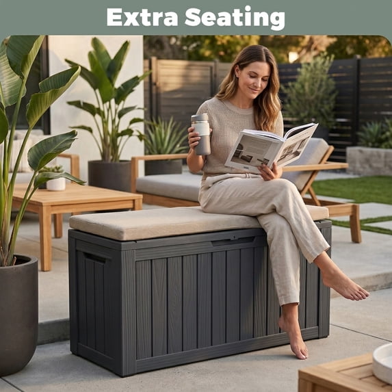 Decksplore 100 Gallon Outdoor Deck Box, Waterproof Woodgrain Resin Patio Storage Bench with Lockable Lid for Backyard, Poolside & Garden, Black