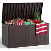 Decksplore 100 Gallon Outdoor Resin Deck Box, Waterproof Lockable Patio Storage Bench, Brown