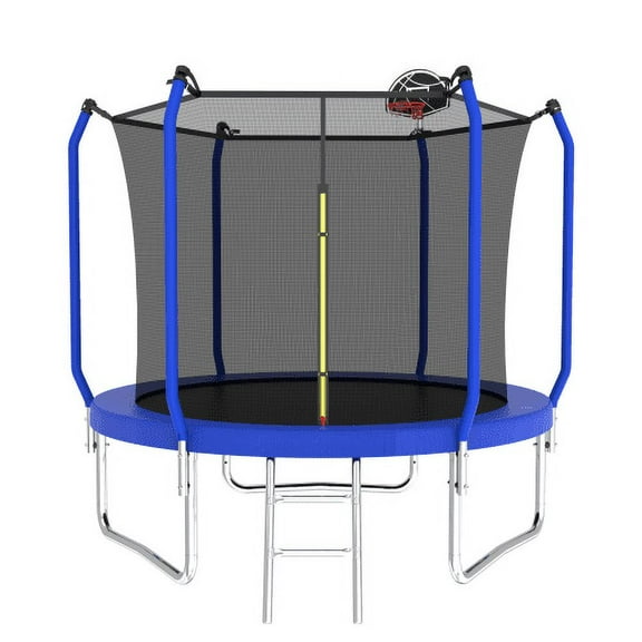 Decksplore 10FT Trampoline with Safety Enclosure Net，Outdoor Trampoline with Basketball Hoop, Heavy Duty Jumping Mat and Spring Cover Padding for Kids and Adults, Storage Bag and Ladder Blue