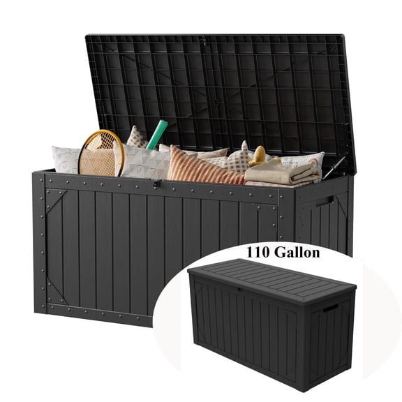 Decksplore 110 Gal Patio Storage Box, Lockable, UV-Resistant, HDPE Waterproof Deck Box, Patio Storage Bench for Backrests, Planter, Pool Toy (Black)