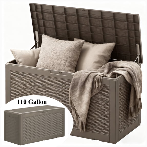 Decksplore 110 Gal Patio Storage Box, Lockable, UV-Resistant, HDPE Waterproof Deck Box, Patio Storage Bench for Backrests, Planter, Pool Toy (Coffee)