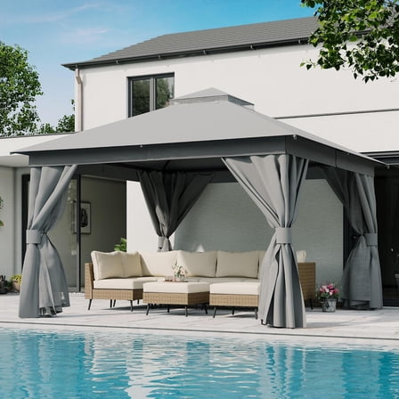 Decksplore 12' x 12' Outdoor Gazebo, Double Roof Patio Gazebo with Mosquito Nettings and Privacy Curtains, Patio Canopy Tent for Backyard, Deck, Garden, Lawn (Gray)