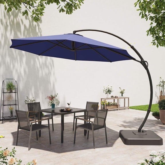 Decksplore 12FT Outdoor Patio Umbrella with Base, Curve Cantilever Umbrella with 360° Rotation for Patio Pool Deck, Navy Blue