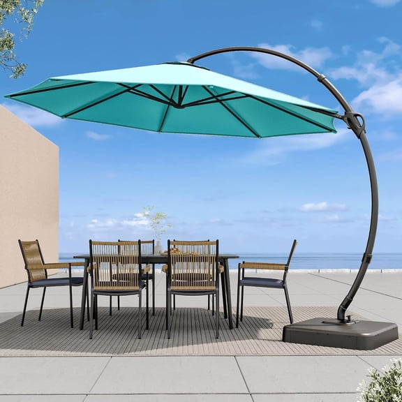 Decksplore 12FT Outdoor Patio Umbrella with Base, Curve Cantilever Umbrella with 360° Rotation for Patio Pool Deck, Turquoise Blue