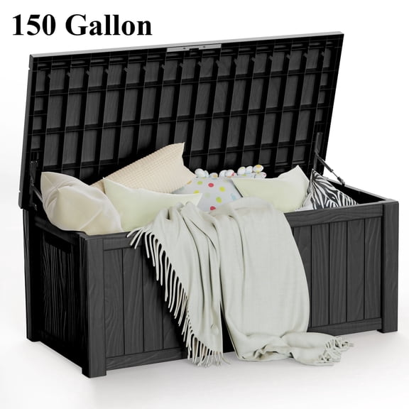 Decksplore 150 Gal Outdoor Storage Box, Lockable, UV-Resistant, HDPE Waterproof Deck Box, Outdoor Storage Bench for Cushions, Folding Chairs (Black)