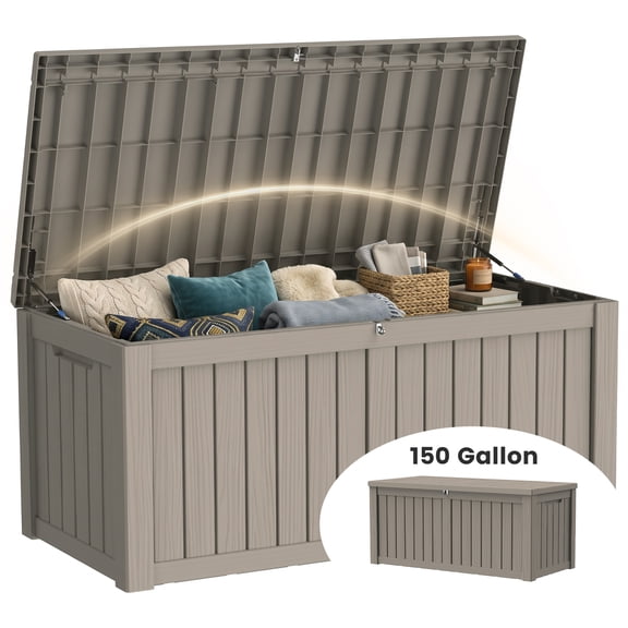 Decksplore Outdoor Storage Box, 150 Gallon Waterproof Deck Box, Heavy-Duty Pool Storage Bins Outdoor Waterproof, Light Brown