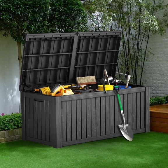 Decksplore 150 Gallon Lockable Resin Deck Box, Waterproof & Outdoor Storage Box for Outdoor Cushion Storage and Outdoor Delivery Storage, Stylish Outdoor Bench,black