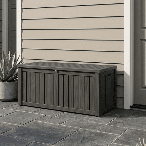 Decksplore 150 Gallon Resin Deck Box, Woodgrain Lockable Outdoor Storage Bench for 2, Black