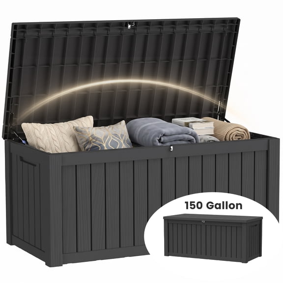 Decksplore Outdoor Storage Box, 150 Gallon Waterproof Deck Box, Heavy-Duty Pool Storage Bins Outdoor Waterproof, Black