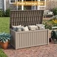 thumbnail image 1 of Decksplore 150 Gallon Outdoor Storage Box, Extra Large Waterproof Resin Deck Box with Hydraulic Gas Struts & Lockable Lid for Patio Cushions, Garden Tools, Pool Accessories, UV-Resistant, Brown, 1 of 9