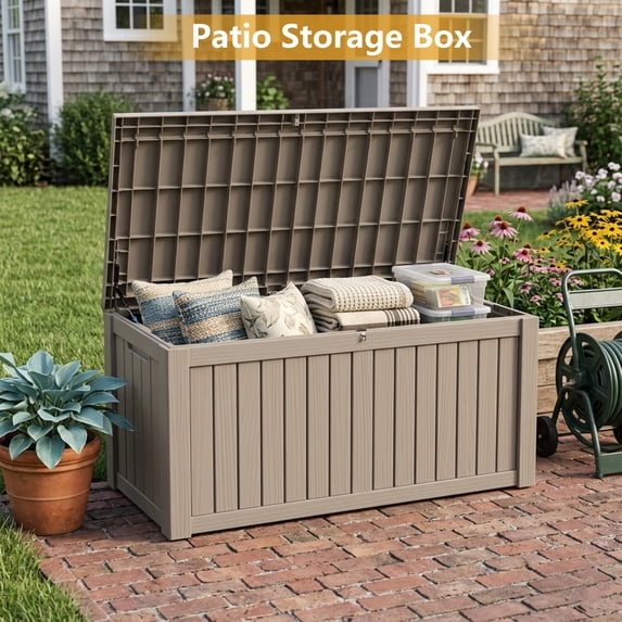 Decksplore 150 Gallon Outdoor Storage Box, Extra Large Waterproof Resin Deck Box with Hydraulic Gas Struts & Lockable Lid for Patio Cushions, Garden Tools, Pool Accessories, UV-Resistant, Brown