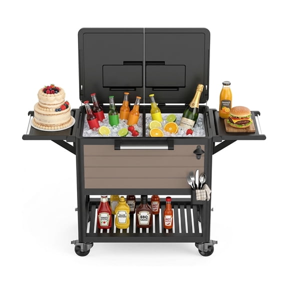 Decksplore 104 Qt Outdoor Patio Cooler Cart, Portable Rolling Ice Chest with Foldable Storage Rack & Wheels for BBQ, Party, Deck, Pool - Brown