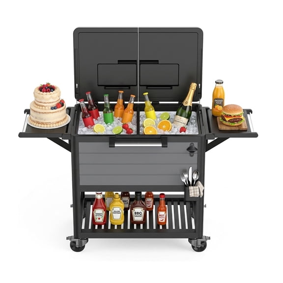 Decksplore 104 Qt Outdoor Patio Cooler Cart, Portable Rolling Ice Chest with Foldable Storage Rack & Wheels for BBQ, Party, Deck, Pool - Grey