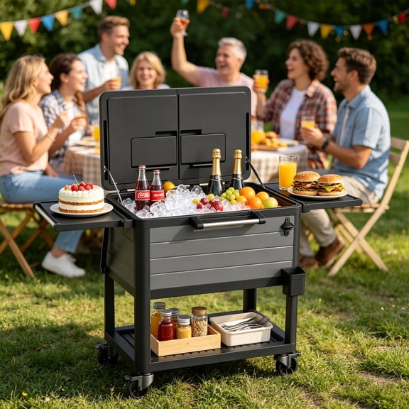 Decksplore 104 Qt Outdoor Patio Cooler Cart, Portable Rolling Ice Chest with Foldable Storage Rack & Wheels for BBQ, Party, Deck, Pool - Grey