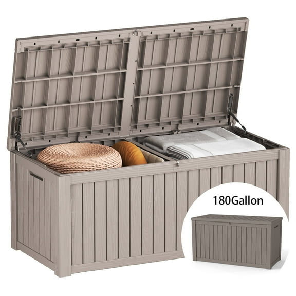 Decksplore 180 Gallon Deck Box, Lockable, UV-Resistant, HDPE Outdoor Storage Box Waterproof, Patio Storage Box for Bicycles, Skis, Tables (Coffee)