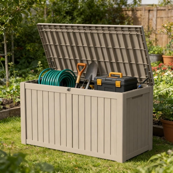 Decksplore 165 Gallon Large Resin Deck Box, UV-Resistant Waterproof Outdoor Storage Box for Backyard Patio, Light Coffee