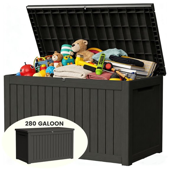 Decksplore Outdoor Storage Box, 280 Gallon Waterproof Deck Box, Heavy-Duty Pool Boxes Outdoor Storage Waterproof, Black
