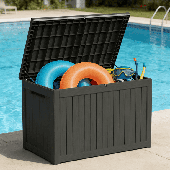 Decksplore 230 Gallon Large Outdoor Storage Box Waterproof Lockable Resin Deck Box, Patio Storage Bin for Pool Accessories, Garden Tools, Black