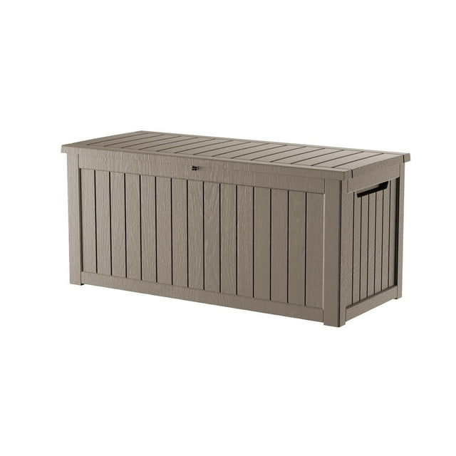 Decksplore 230 Gallon Resin Deck Box,Waterproof Outdoor Storage Box, Lockable for Patio Furniture, Garden Tools, Pool Accessories, for All Weather Use Coffee