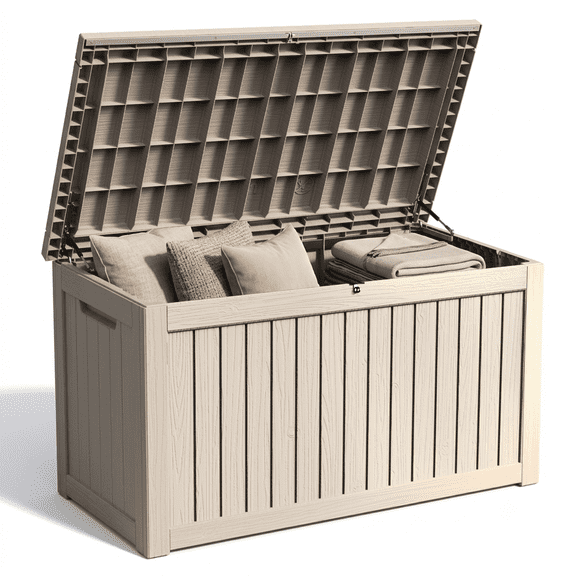 Decksplore 280 Gallon Extra Large Resin Deck Box, Soft Close Lockable Outdoor Storage, Tan