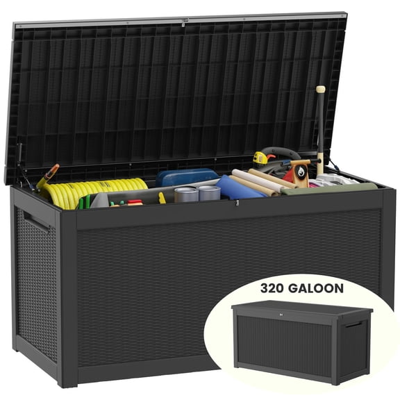 Decksplore Outdoor Storage Box, 320 Gallon Waterproof Deck Box, Heavy-Duty Deck Boxes Outdoor Waterproof for Large Cushions, Black