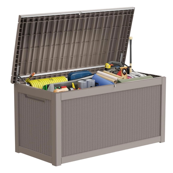 Decksplore 320 Gallon Resin Deck Box, Waterproof XXL All-Weather Storage Bench, Soft-Close Lockable Bin for Large Cushions, Garden Tools, Pool Gear (Light Brown)