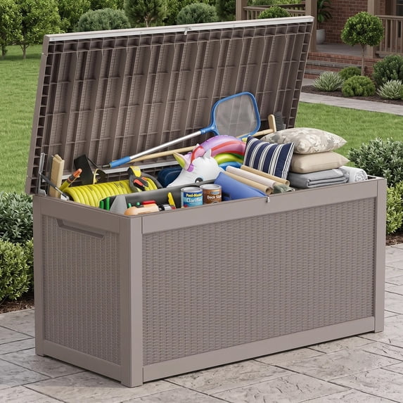 Decksplore 320 Gallon Extra Large Resin Deck Box, Soft Close Lockable Outdoor Storage, Tan