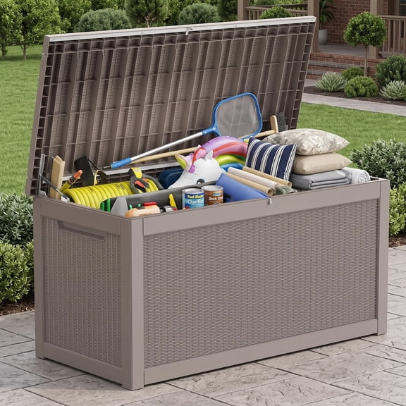 Decksplore 320 Gallon Extra Large Resin Deck Box, Soft Close Lockable Outdoor Storage, Tan