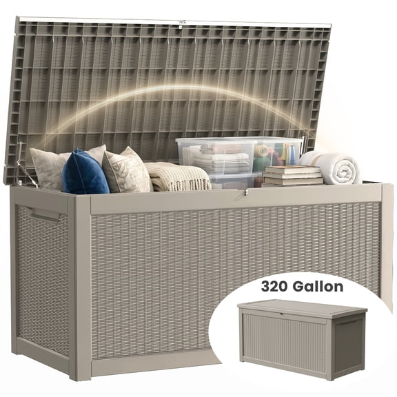 Decksplore Outdoor Storage Box, 320 Gallon Waterproof Deck Box, Heavy-Duty Deck Boxes Outdoor Waterproof for Large Cushions, Light Brown