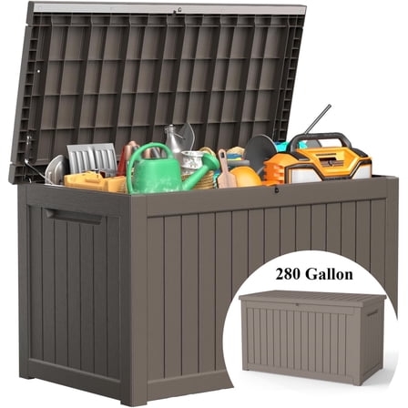 Decksplore 280 Gal Deck Box, HDPE Outdoor Storage Bench with Secure Latches, Waterproof Patio Storage Box for Leaf Blowers, Tables Snowboards (Coffee)