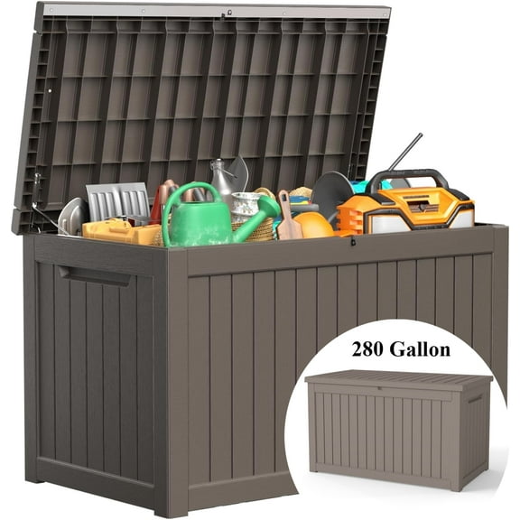 Decksplore 280 Gal Deck Box, HDPE Outdoor Storage Bench with Secure Latches, Waterproof Patio Storage Box for Leaf Blowers, Tables Snowboards (Coffee)