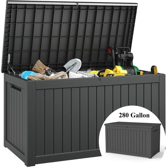 Decksplore 280 Gal Deck Box, HDPE Outdoor Storage Bench with Secure Latches, Waterproof Patio Storage Box for Leaf Blowers, Tables Snowboards (Black)
