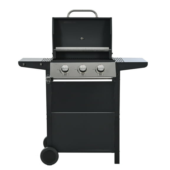 Decksplore 3 Burner BBQ Propane Gas Grill, Stainless Steel 26,000 BTU Patio Garden Barbecue Grill with Two Foldable Shelves,Outdoor Cooking, Patio, Cover for Outdoor BBQ, Camping, Black