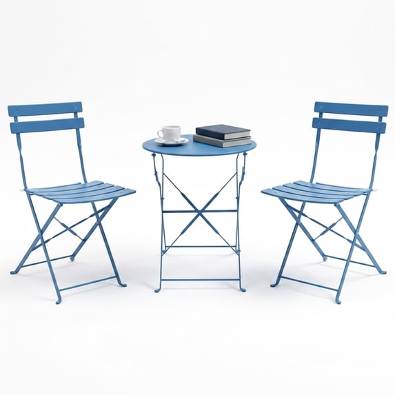 Decksplore 3-Piece Folding Metal Outdoor Bistro Set, Table and 2 Chairs, Peacock Blue