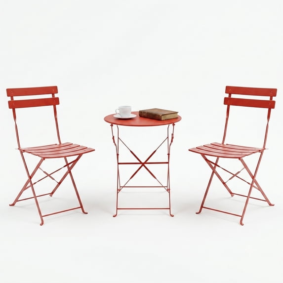 Decksplore 3-Piece Folding Metal Outdoor Bistro Set, Table and 2 Chairs, Red