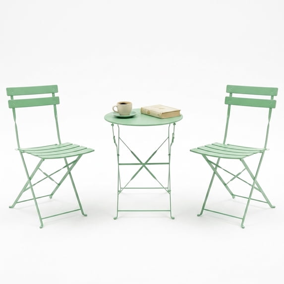 Decksplore 3-Piece Folding Metal Outdoor Bistro Set, Table and 2 Chairs, Sage Green