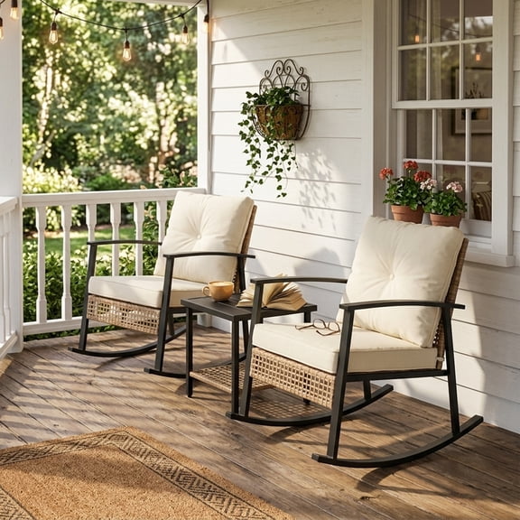 PATIOEASY Rattan Rocking 3 Piece Rattan Frame Outdoor Bistro Sets with 2 Rocking Chairs and 1 Side Table, Black/Beige