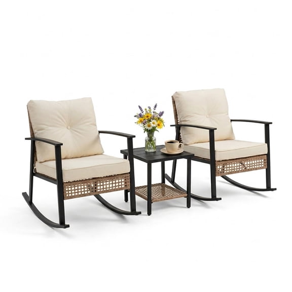 Decksplore 3-Piece Patio Furniture Set, Outdoor Metal & Rattan Rocking Chairs Bistro Set with 2-Tier Side Table and Thick Cushions, Beige