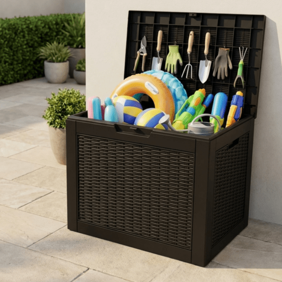 Decksplore 30 Gallon Deck Box Lockable Resin Outdoor Storage Box, Waterproof Outdoor Container, for Storing Furniture Cushions, Pillow, Tools Black