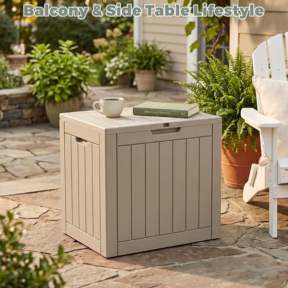 Decksplore 35 Gallon Outdoor Storage Box, Small Waterproof Resin Deck Box with Lockable Lid Storage Bin for Patio Furniture Cushions, Garden Tools, Pool Accessories, UV-Resistant Outside, Brown