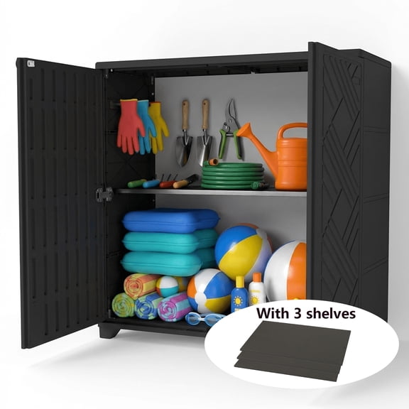 Decksplore 34”x15”x34” Black Diamond-Shaped Outdoor Storage Cabinet with 3 Shelves– Slim Modern Shed for Balcony, Patio & Apartment Entrances – Space-Saving Design for Urban Homes