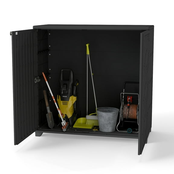 Decksplore 34”x15”x34” Black Diamond-Shaped Outdoor Storage Cabinet – Slim Modern Shed for Balcony, Patio & Apartment Entrances – Space-Saving Design for Urban Homes