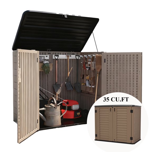 Decksplore 35 CU.FT Outdoor Storage Shed, Waterproof, Double HDPE Outdoor Storage Cabinet with Latch for Patio, Garden, Garage (Coffee)