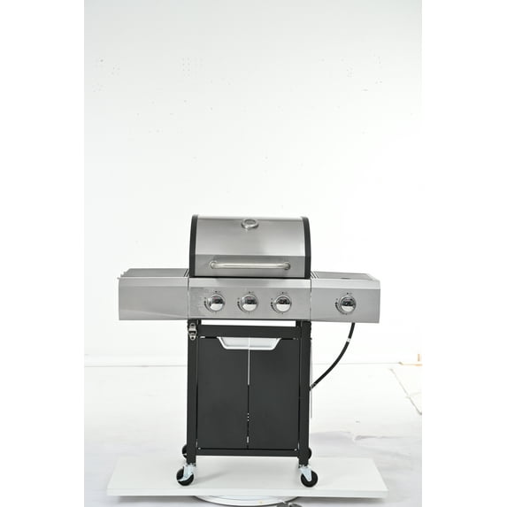 Decksplore 4 Burner BBQ Propane Gas Grill, Stainless Steel 10,500 BTU+ Patio Garden Barbecue Grill with Two Foldable Shelves,Outdoor Cooking, Patio, Cover for Outdoor BBQ, Camping, Black