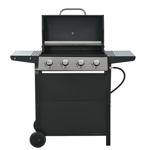 Decksplore 4 Burner BBQ Propane Gas Grill, Stainless Steel 37,000 BTU Patio Garden Barbecue Grill with Two Foldable Shelves,Outdoor Cooking, Patio, Cover for Outdoor BBQ, Camping, Black