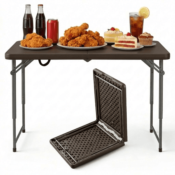 Decksplore 4ft Folding Table - Heavy Duty Fold-in-Half Plastic Table with Adjustable Height, Portable Utility Tables with Steel Legs for Indoor, Outdoor, Picnic, Camping, Dining, Party-Brown