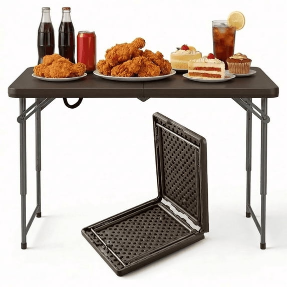 Decksplore 4ft Folding Table - Heavy Duty Fold-in-Half Plastic Table with Adjustable Height, Portable Utility Tables with Steel Legs for Indoor, Outdoor, Picnic, Camping, Dining, Party-Brown