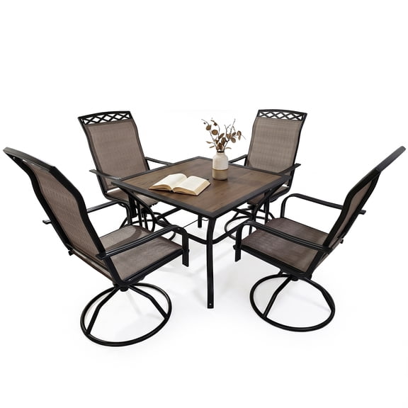 Decksplore 5-Piece Patio Dining Set, Square Metal Table & 4 Brown Textilene 360° Swivel Rocker Chairs for Yard